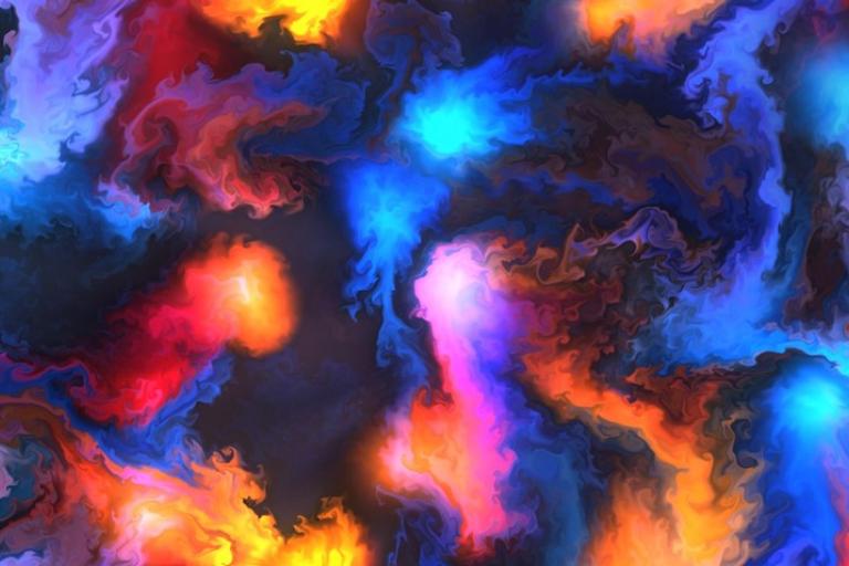 Swirling, cloudy colours of orange, blue, and purple.