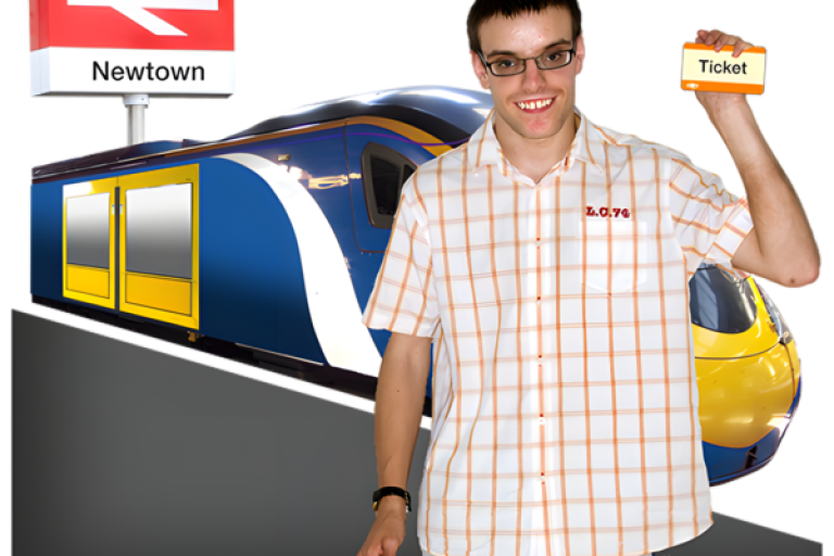 Man holding a ticket in front of a train at Newtown station.
