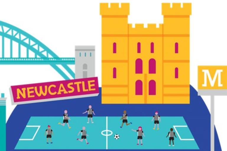 Colourful 2D drawings of Newcastle landmarks, including the bridge, castle, and metro sign