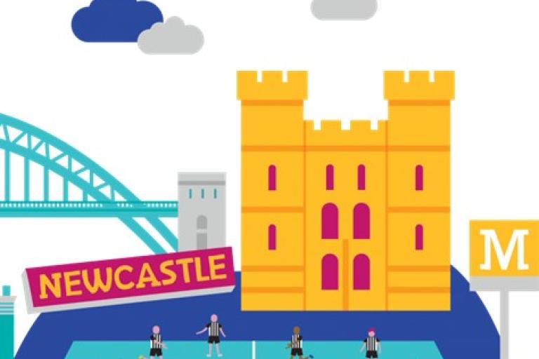 Colourful 2D drawings of Newcastle landmarks, including the bridge, castle, and metro sign