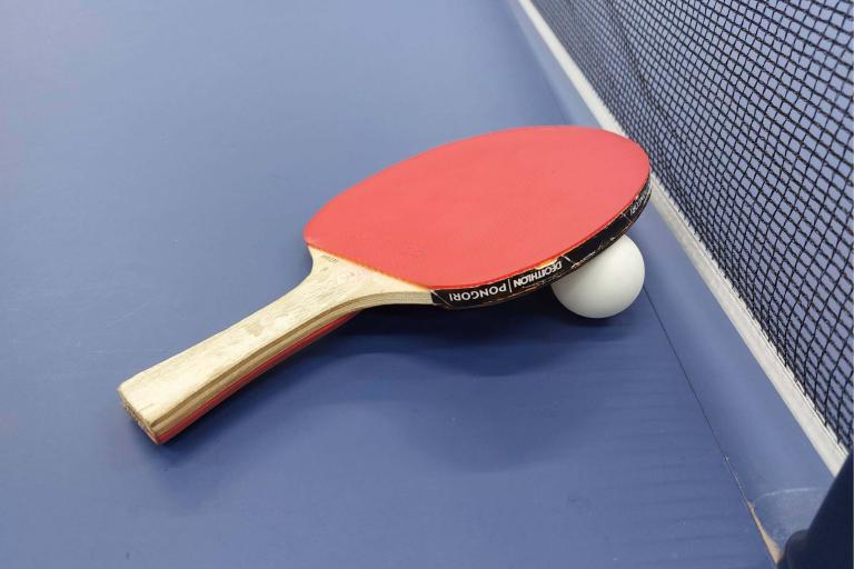 A table tennis paddle leaning on a table tennis ball next to a net.