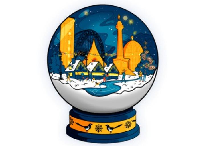 A cartoon snow globe with a snowy Newcastle scene inside of it including the Tyne Bridge and people shopping and ice skating.