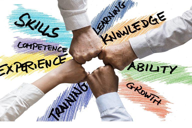 4 fists touching with empowering words written around them