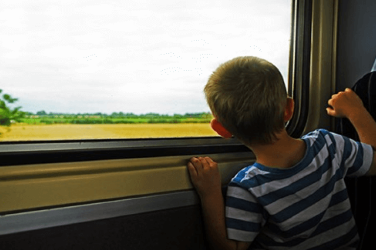 Child looking at a yellow field outside the window of a moving train 