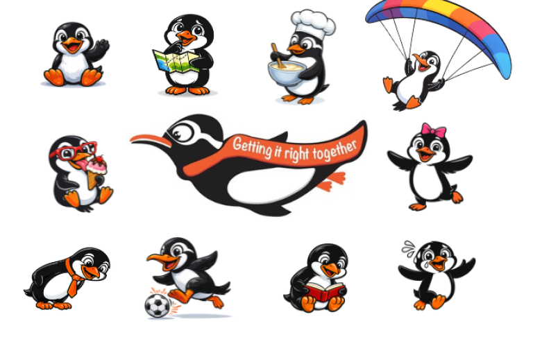 The SEND local Offer Mascot "GiRTrood" who is a flying penguin surrounded by 10 cartoon penguins. 