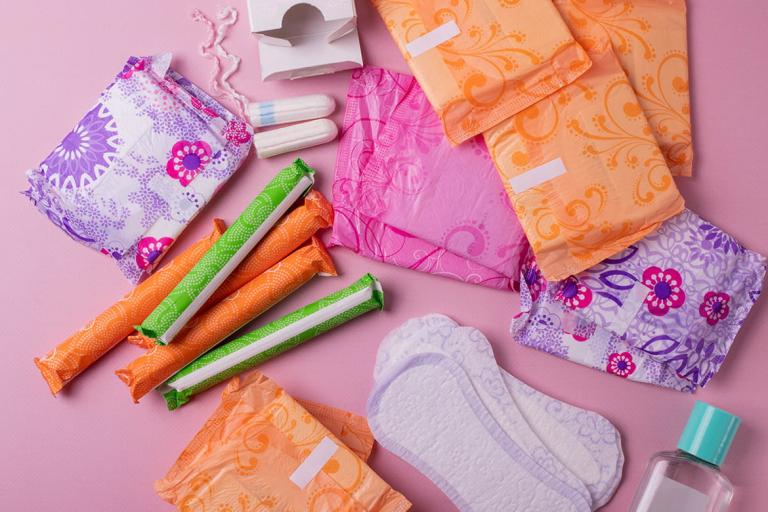 A range of period products including sanitary pads and tampons