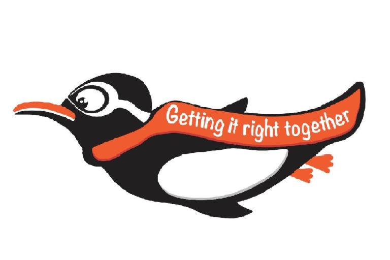 Local Offer logo. A picture of a flying penguin wearing flying goggles and a red scarf with the words 'getting it right together' on the scarf.