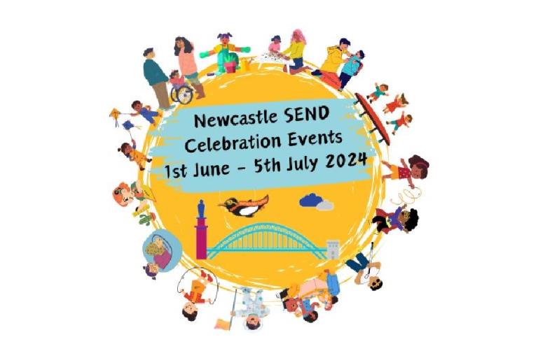 SEND celebration logo, cartoon people representing a range of ethnicities, genders, age and disability surrounding a yellow circle. 