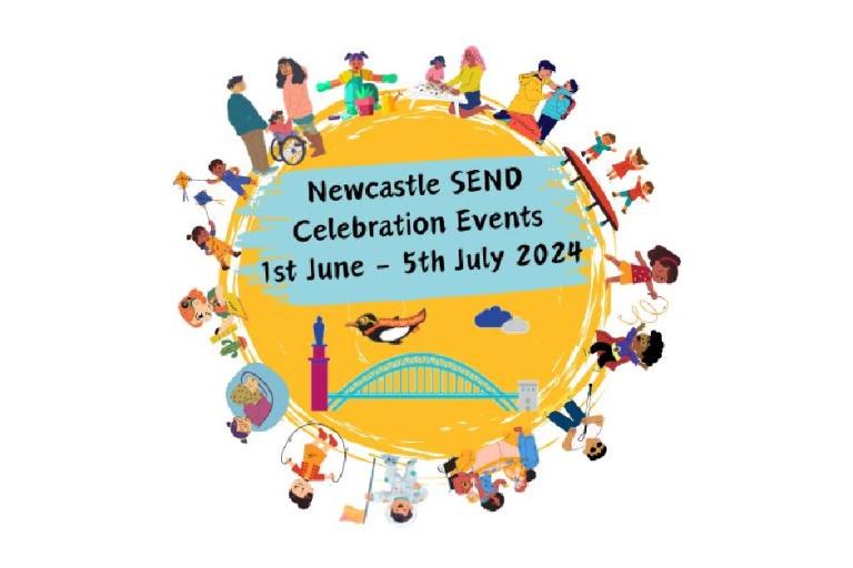 SEND celebration logo, cartoon people representing a range of ethnicities, genders, age and disability surrounding a yellow circle.