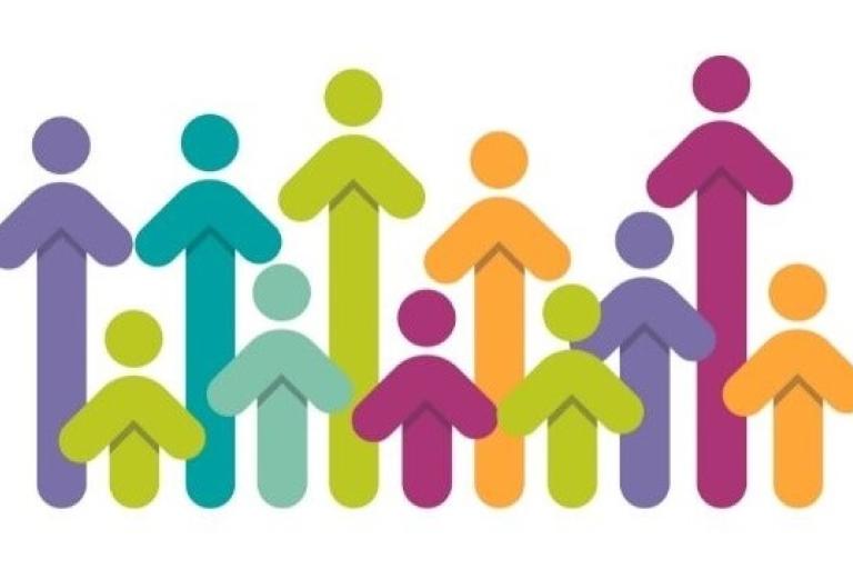 Colourful arrows with dots above, to look like people standing together
