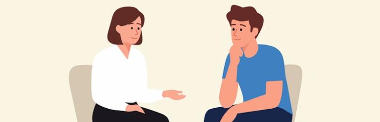 Cartoon of a woman giving advice to a man whilst they are sitting