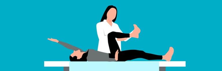 Cartoon of a physical therapy session with a therapist moving the patient's leg