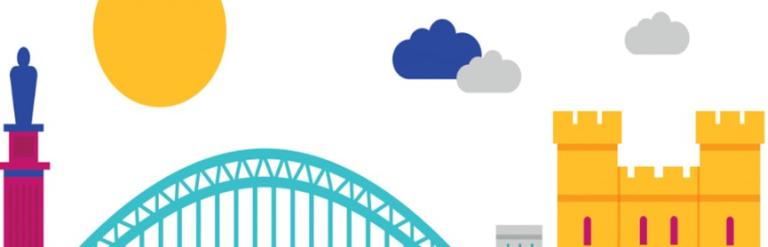 Simple 2D images of landmarks in Newcastle including a castle, green bridge, and a statue on top of a pillar