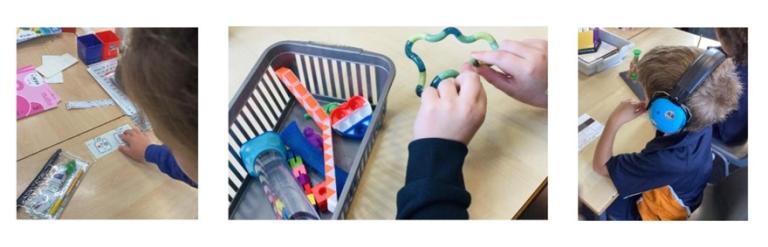 Three photos of students at tables in a classroom. One is pointing at a printed out symbol, one is using a fidget toy and the other is sitting with ear defenders. 