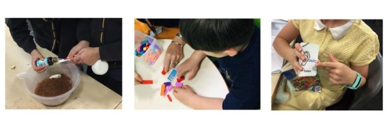 A collection of three photos of different students doing activities including mixing ingredients, playing with legos and pointing to a car with the word listen written on it.