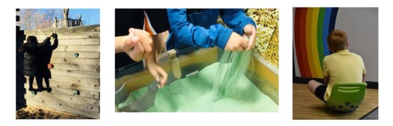 Three photos of different students. One is climbing a climbing wall outside, two are playing with green sand, and one is sitting in a plastic rocking seat.  